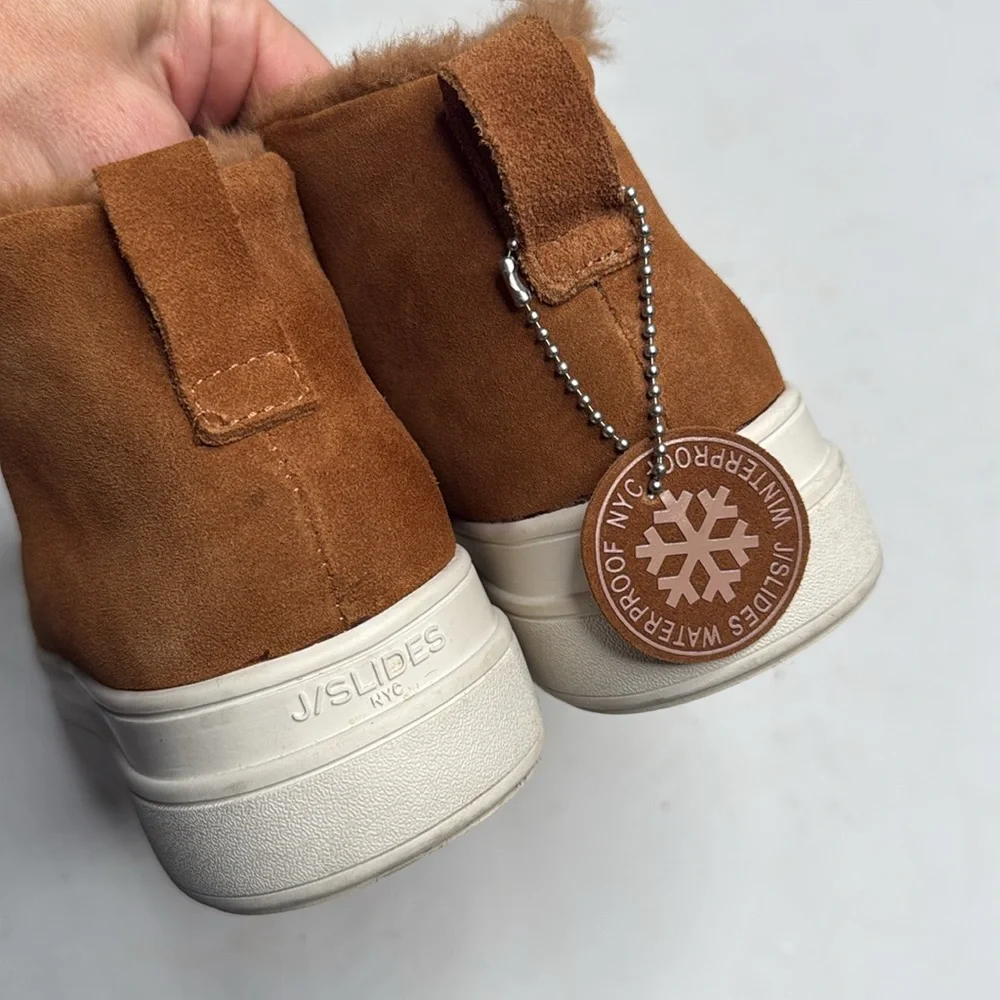 J/SLIDES Faux Fur-Lined Microsuede Tan Brown Booties S-286 Sz 10
